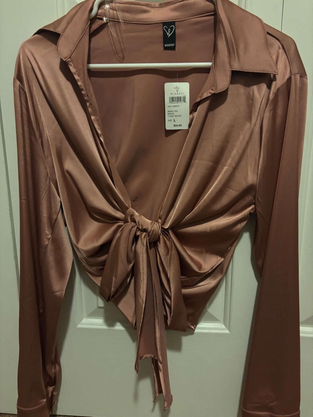 Windsor Satin Tie-Front Button Down Blouse in Rose Taupe